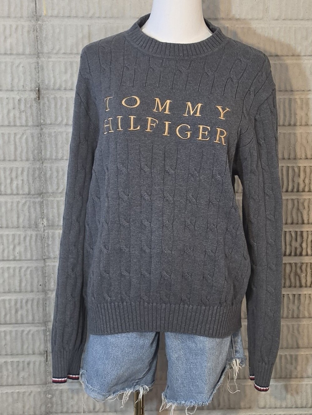 Gray Tommy Hilfiger Chunky Cable Crewneck Sweater